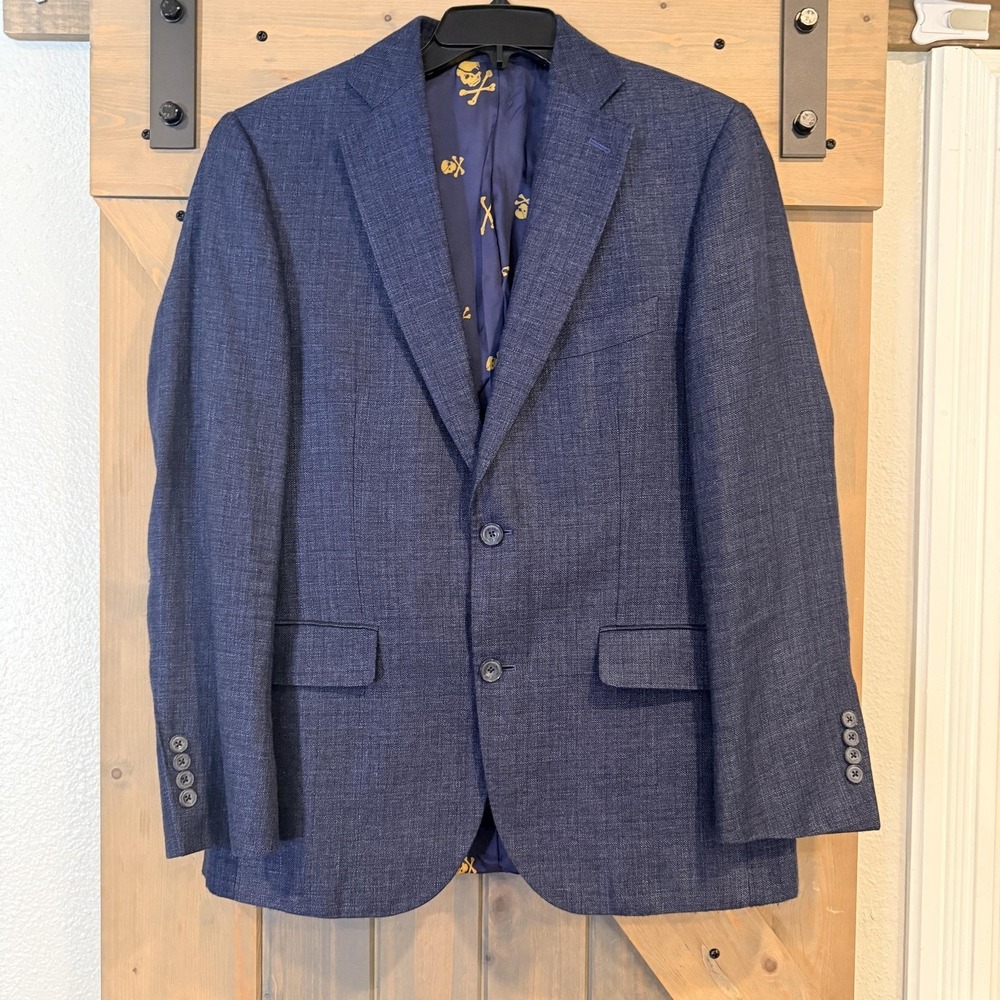 J. Hilburn Jacket Mens 40S Blue Linen Wool Skull Lining Sport Coat Slim Fit